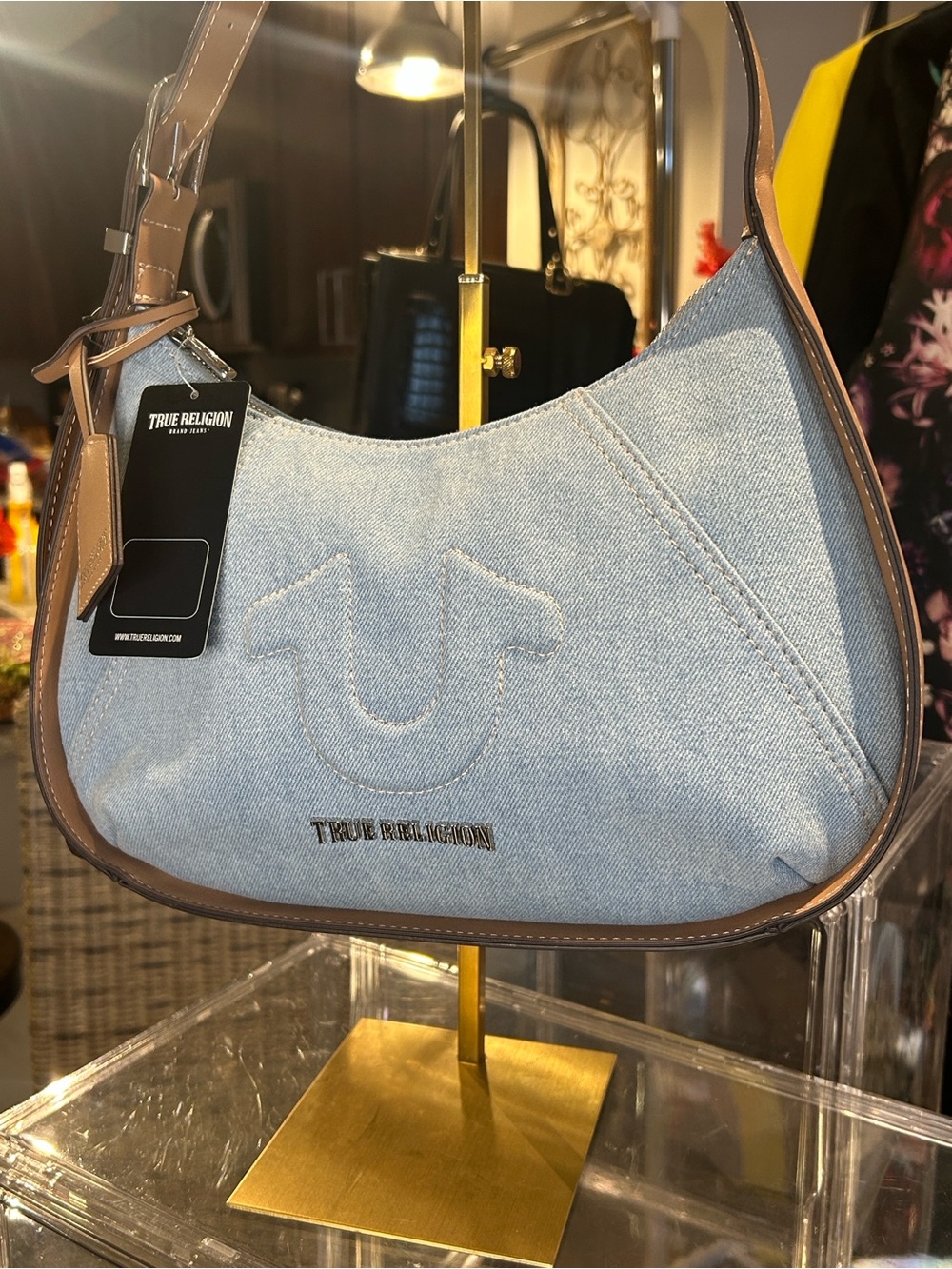 True Religion Light Blue Denim Hobo Bag W/ Brown Trim/Strap 12.75”x 3”x 8.5” NWT - Picture 3 of 12
